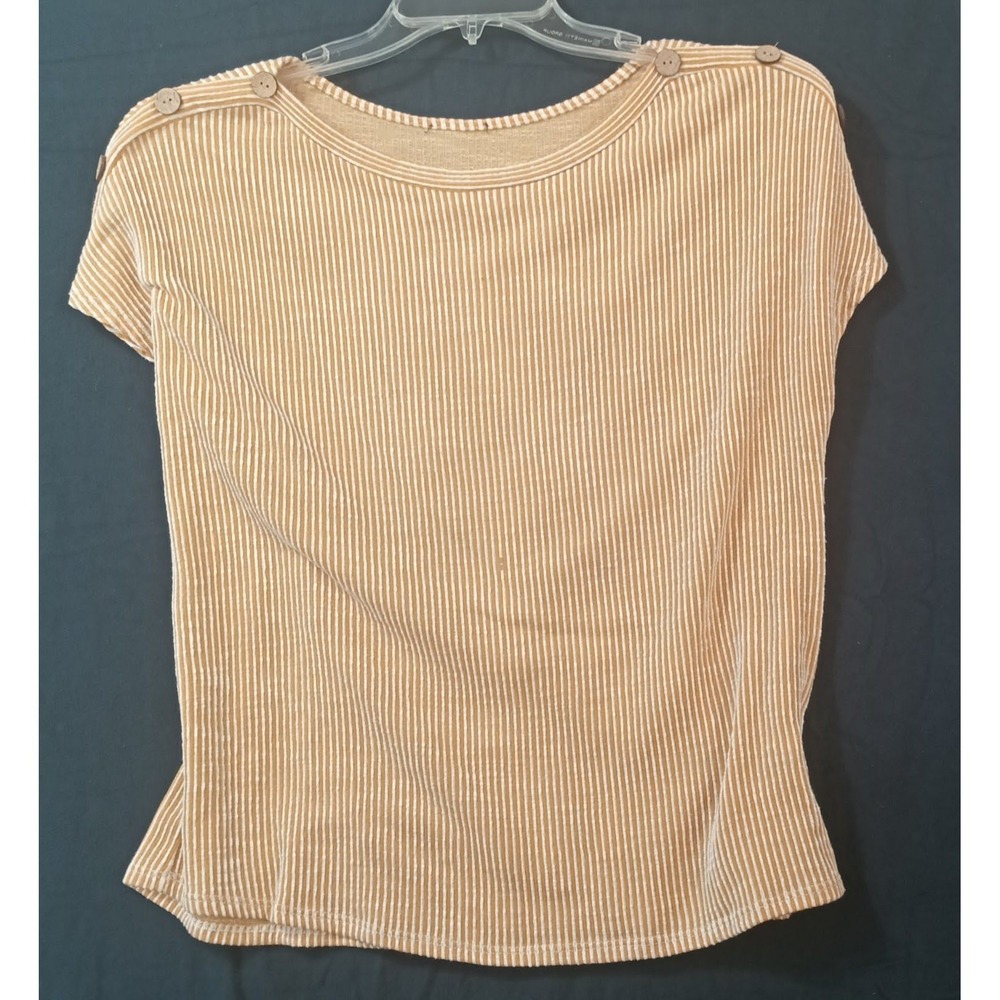 Hylete M Yellow & White Striped T-Shirt‎ Button Detail Short Sleeve cute Top Tee